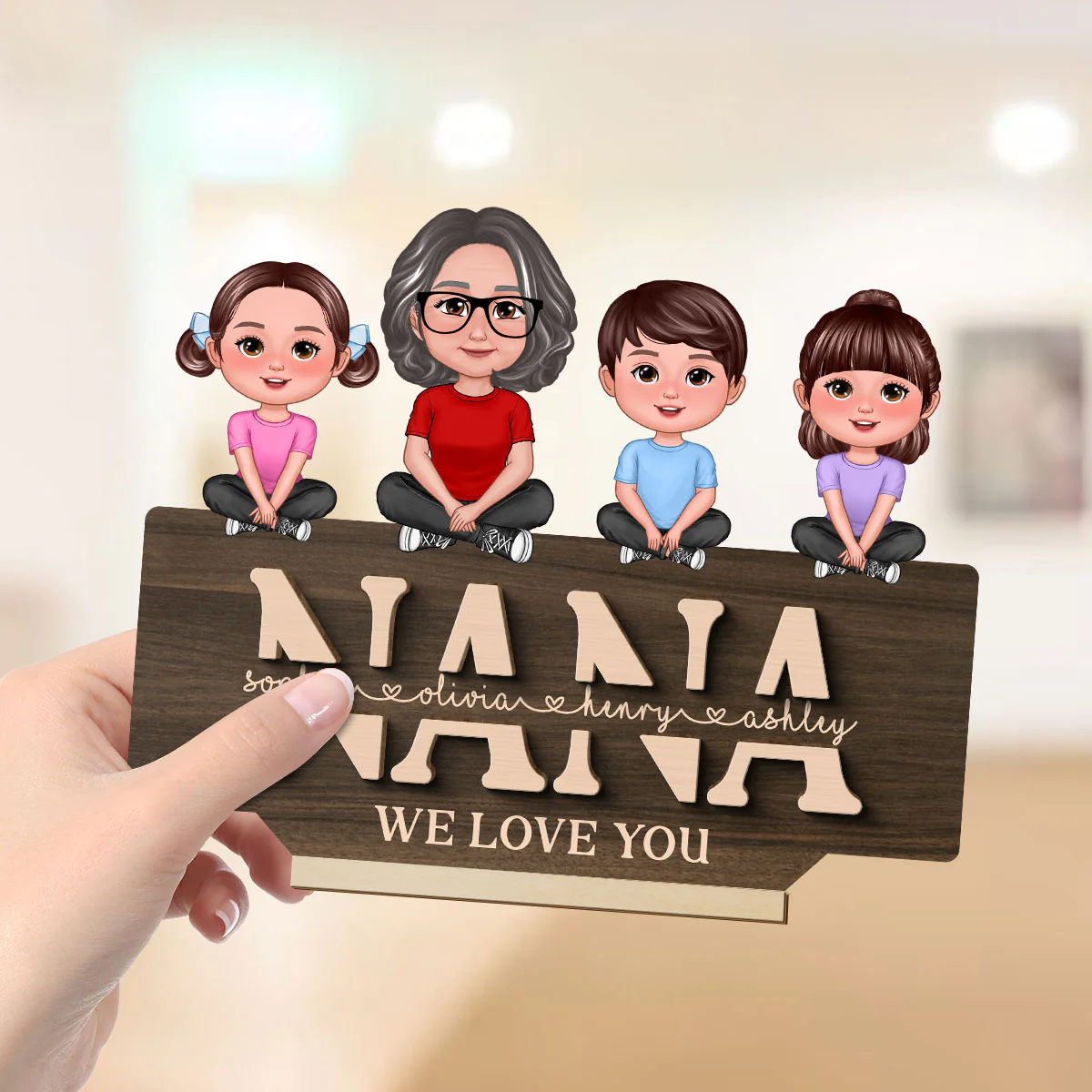 Mom Grandma We Love You Mother & Children Sitting On Word Personalized 2-Layer Standing Wooden Plaque - Image 4