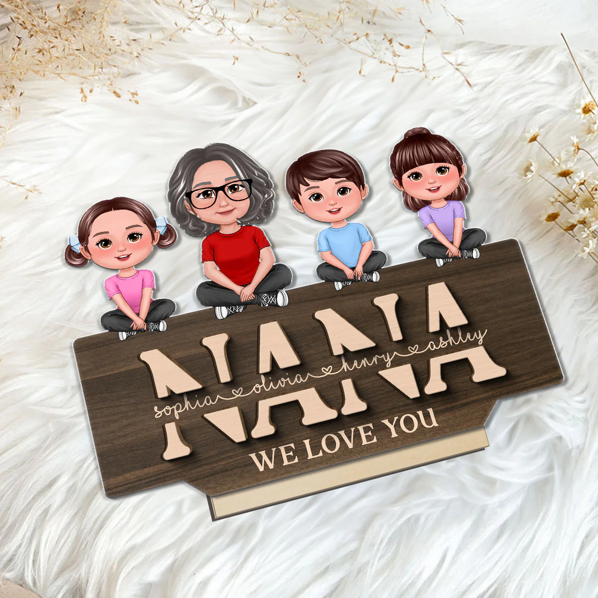 Mom Grandma We Love You Mother & Children Sitting On Word Personalized 2-Layer Standing Wooden Plaque - Image 5