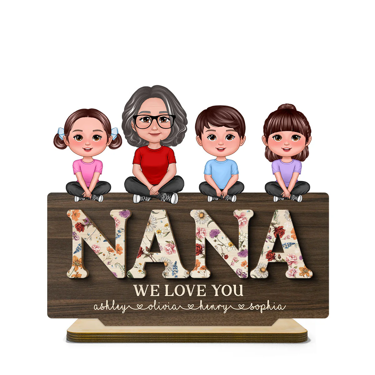 Mom Grandma We Love You Woman & Kids Crossed Legs Vintage Flowers Personalized 2-Layer Standing Wooden Plaque - Image 2