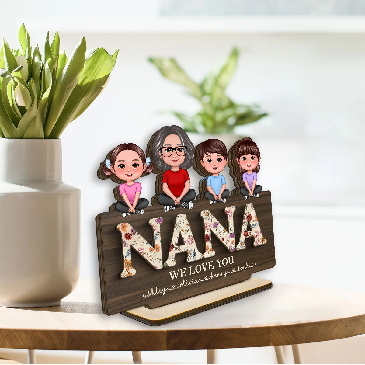 Mom Grandma We Love You Woman & Kids Crossed Legs Vintage Flowers Personalized 2-Layer Standing Wooden Plaque - Image 3
