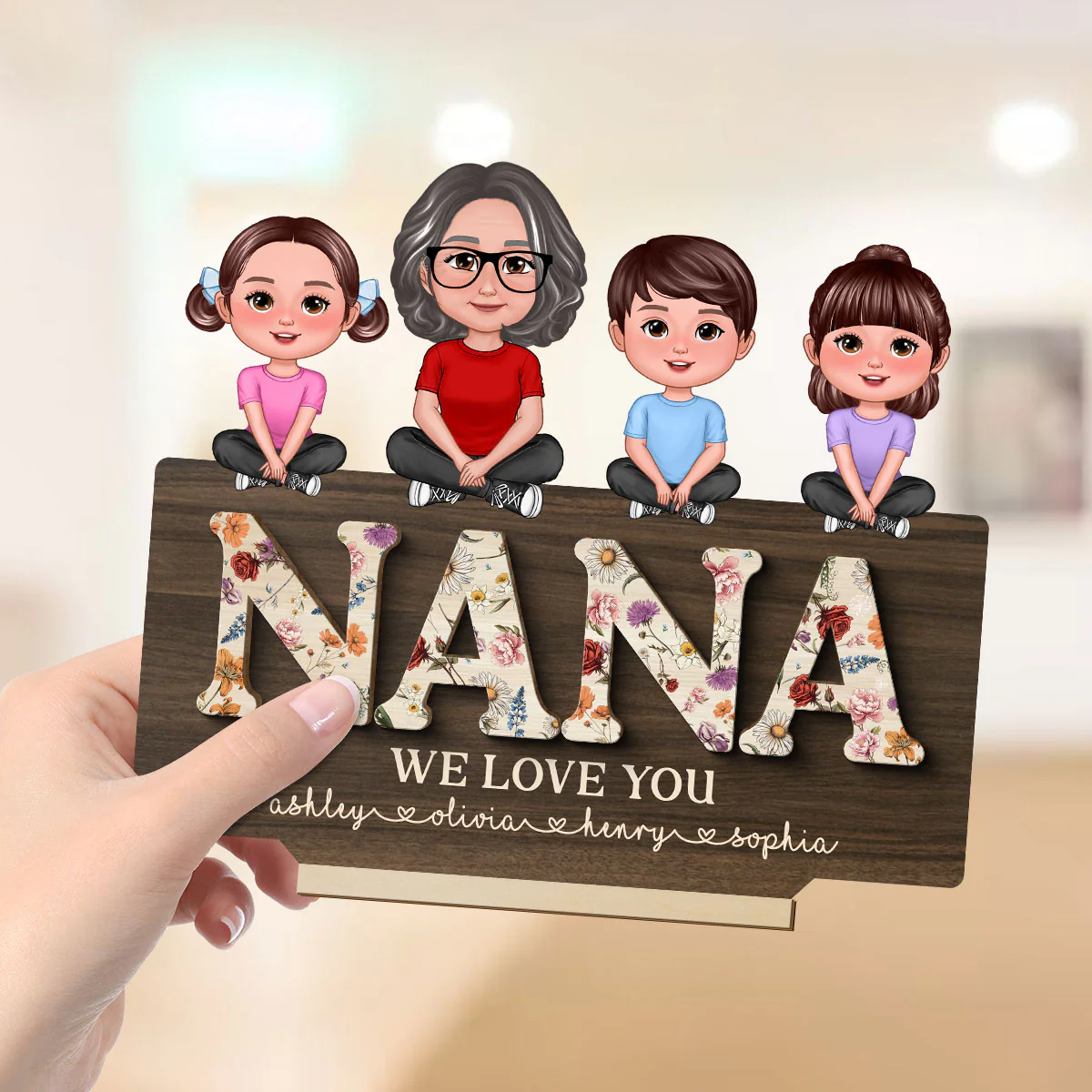 Mom Grandma We Love You Woman & Kids Crossed Legs Vintage Flowers Personalized 2-Layer Standing Wooden Plaque - Image 4