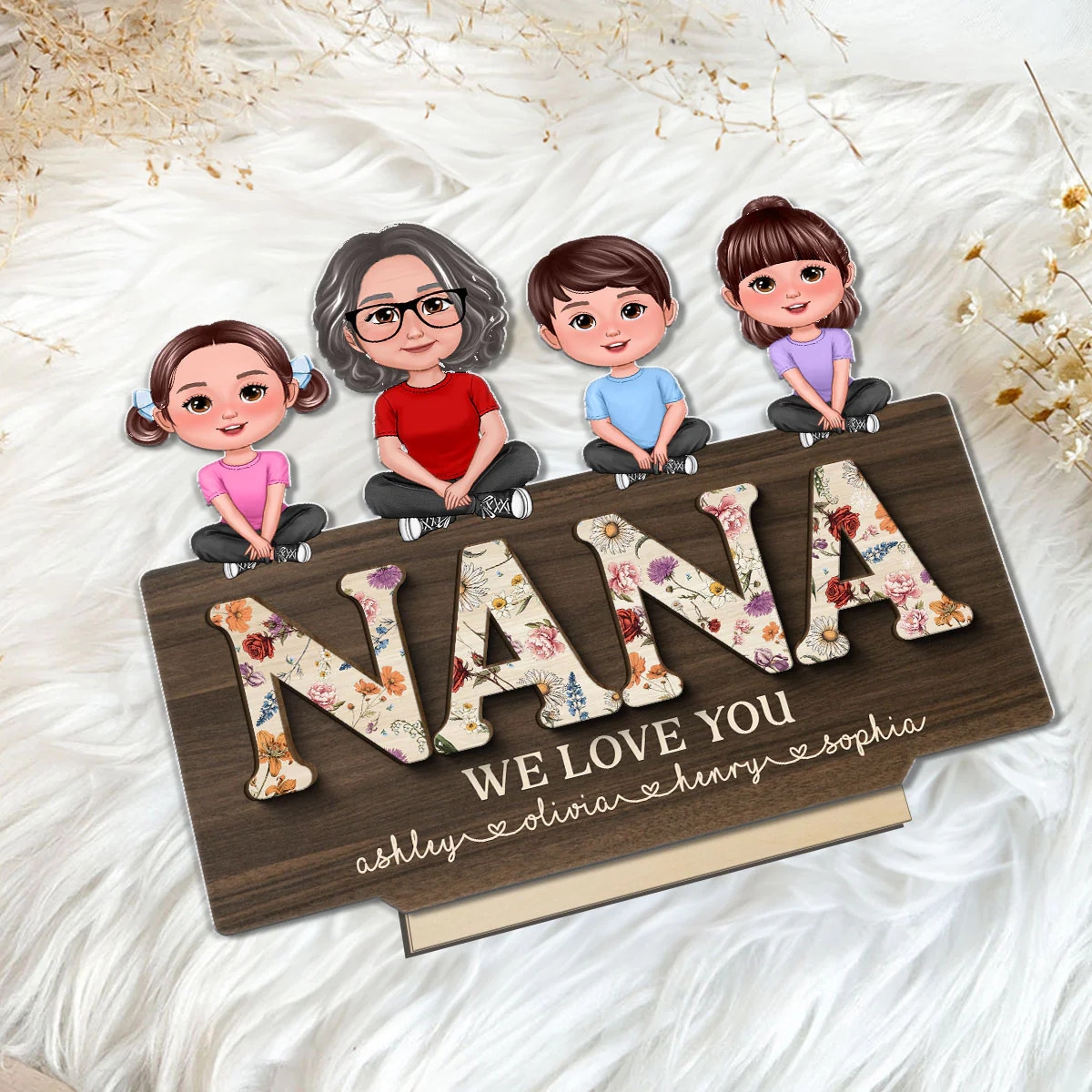 Mom Grandma We Love You Woman & Kids Crossed Legs Vintage Flowers Personalized 2-Layer Standing Wooden Plaque - Image 5