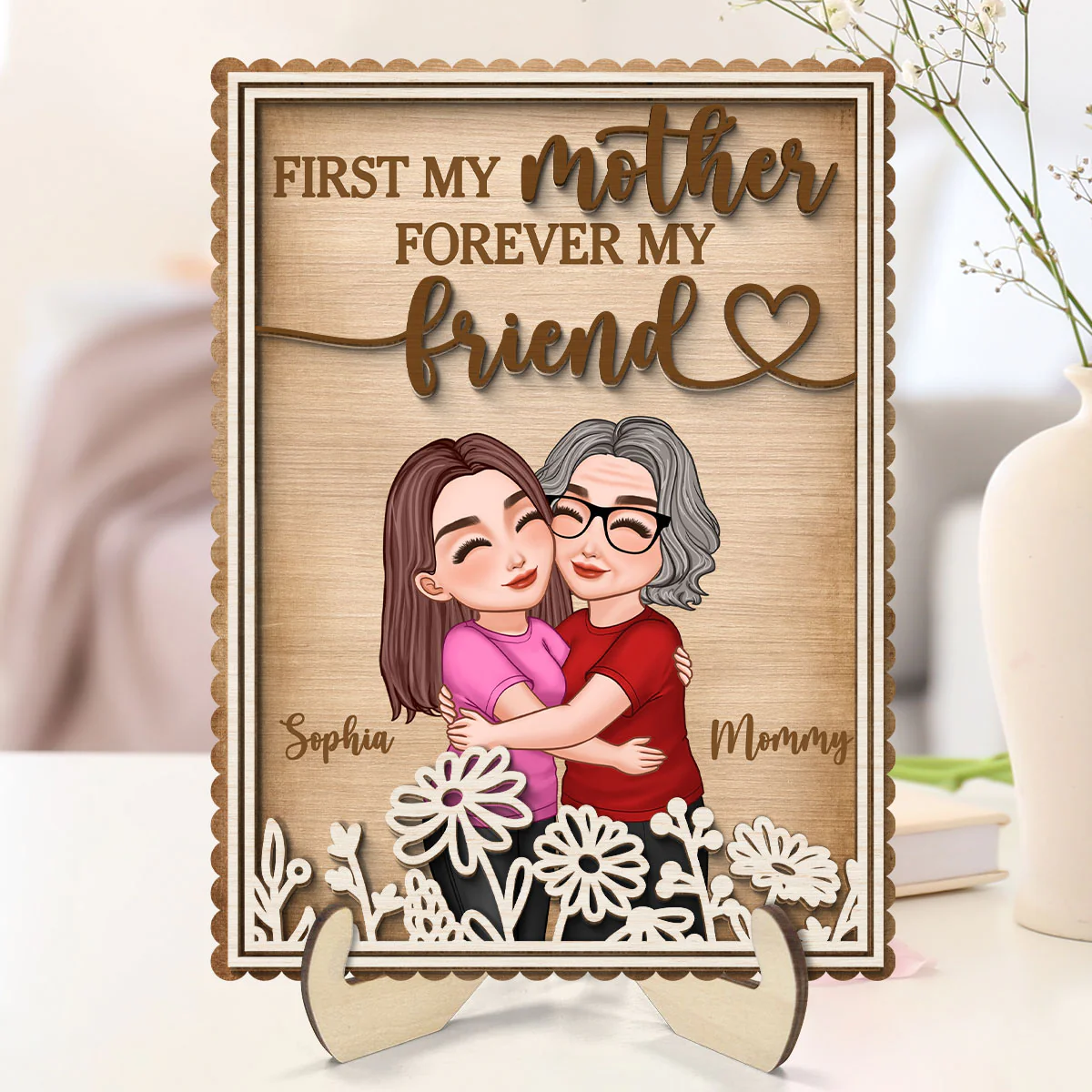 Mom Hugging Daughter Flowers Mother‘s Day Gift Personalized 2-Layer Wooden Plaque - Image 2