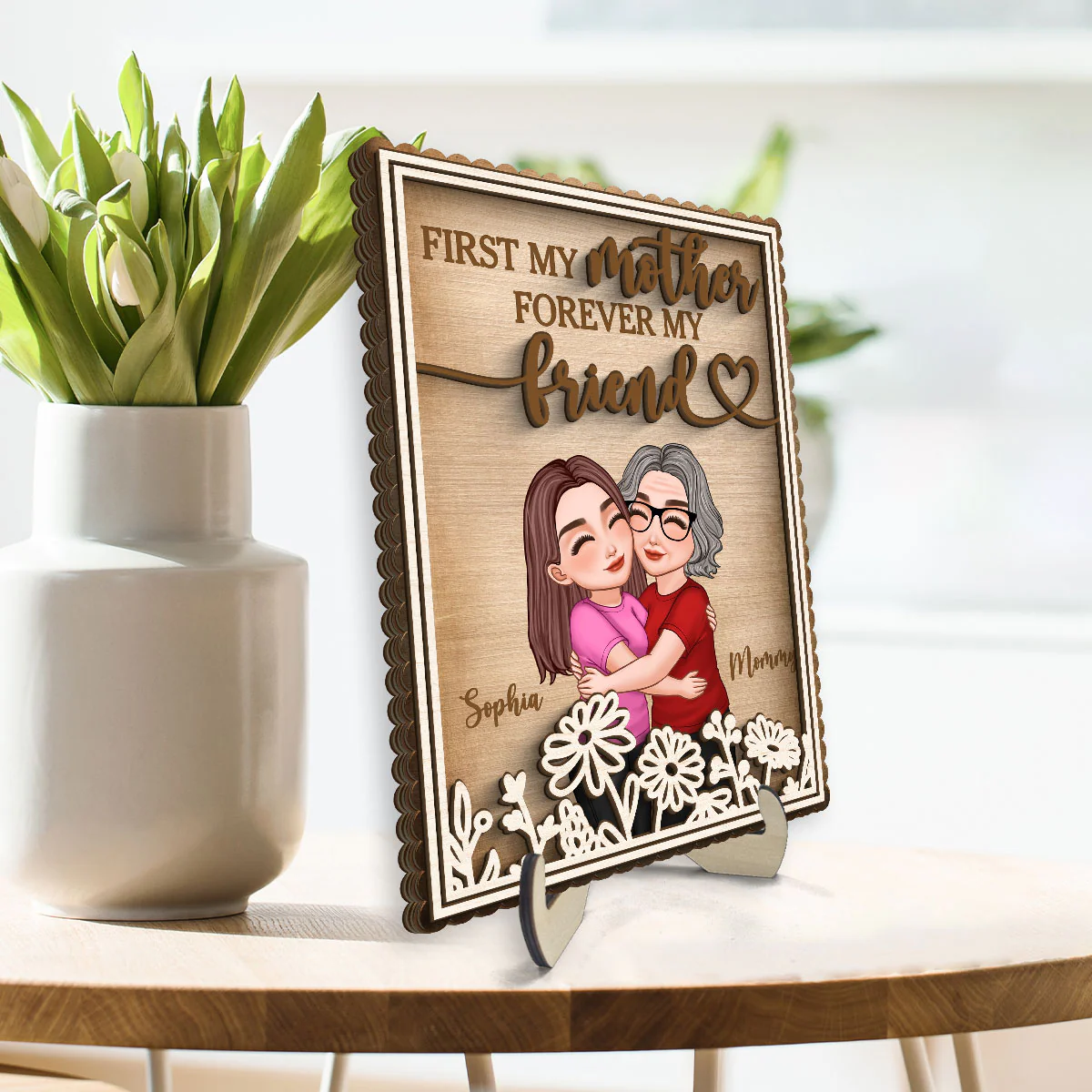 Mom Hugging Daughter Flowers Mother‘s Day Gift Personalized 2-Layer Wooden Plaque - Image 3