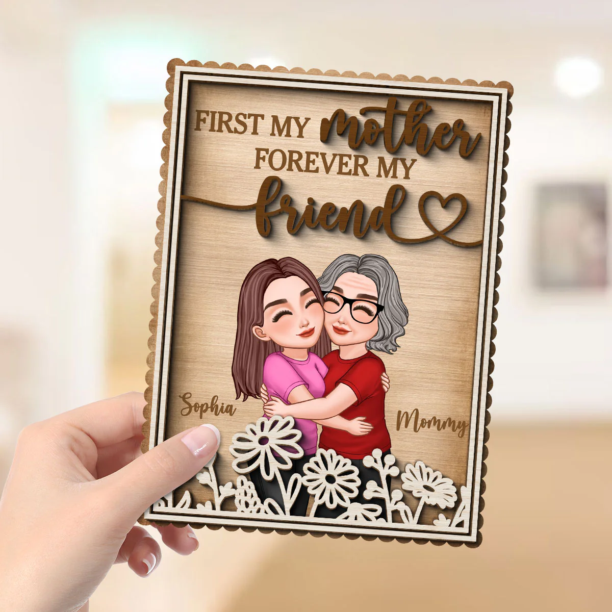 Mom Hugging Daughter Flowers Mother‘s Day Gift Personalized 2-Layer Wooden Plaque - Image 4