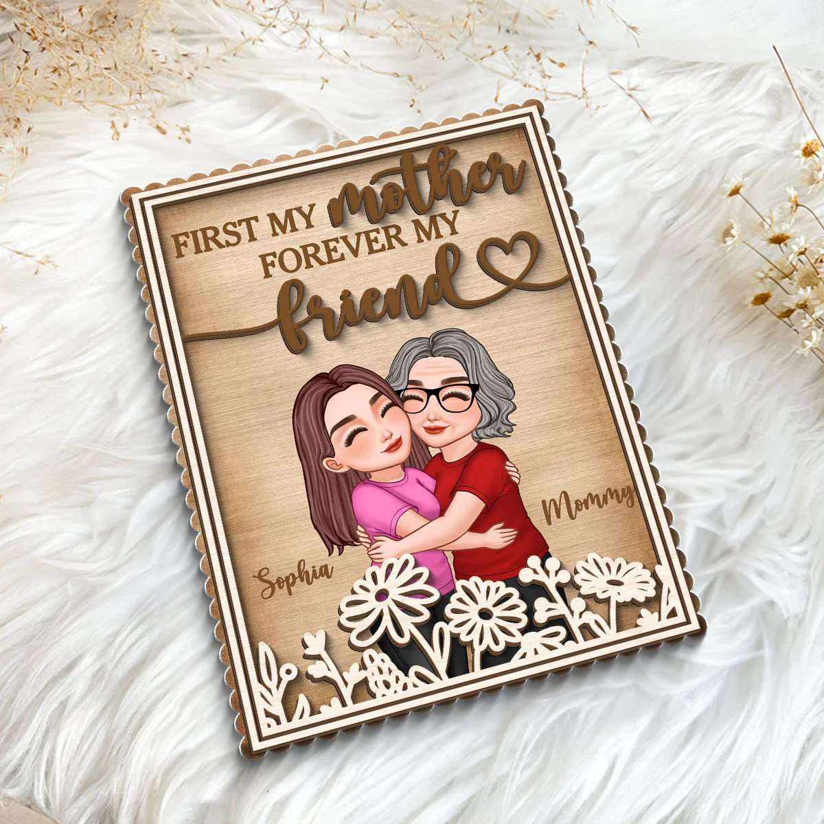Mom Hugging Daughter Flowers Mother‘s Day Gift Personalized 2-Layer Wooden Plaque - Image 5