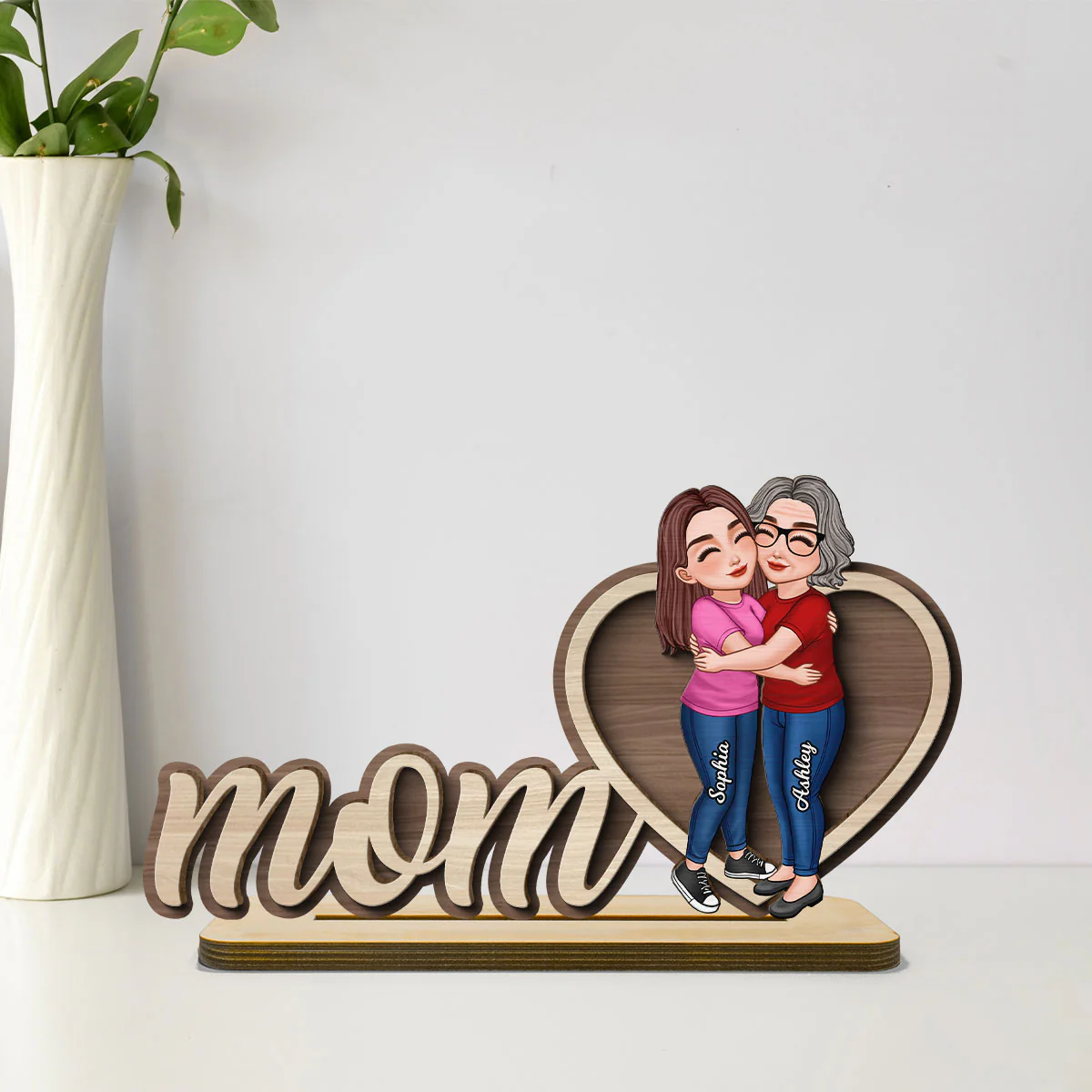 Mom Hugging Daughter Personalized 2-Layers Standing Wooden Plaque
