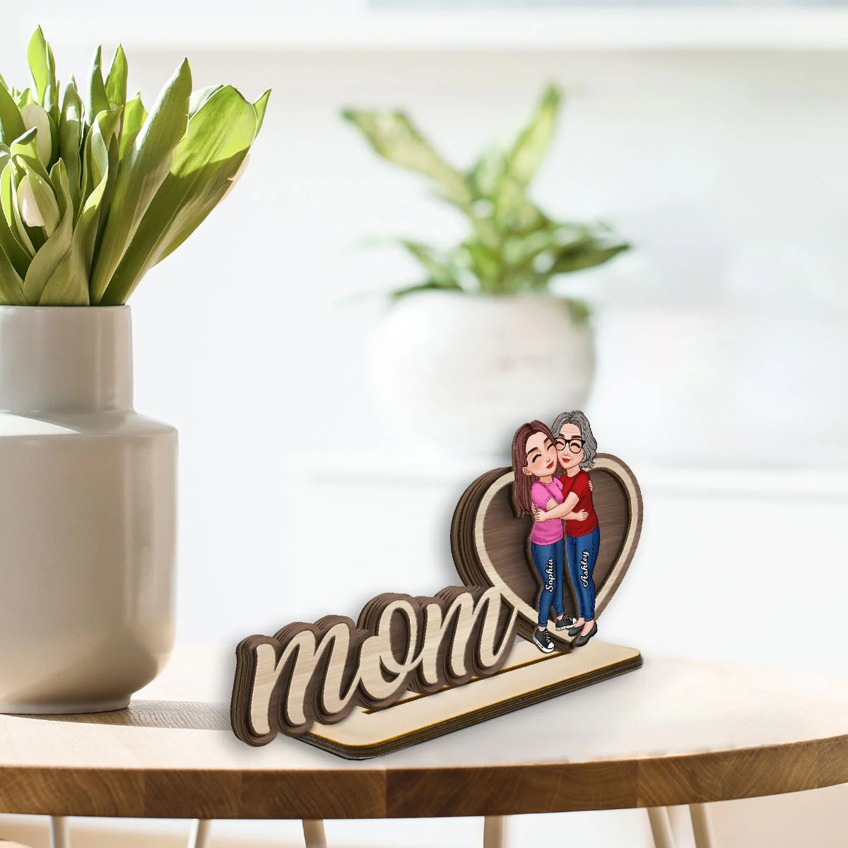 Mom Hugging Daughter Personalized 2-Layers Standing Wooden Plaque - Image 3
