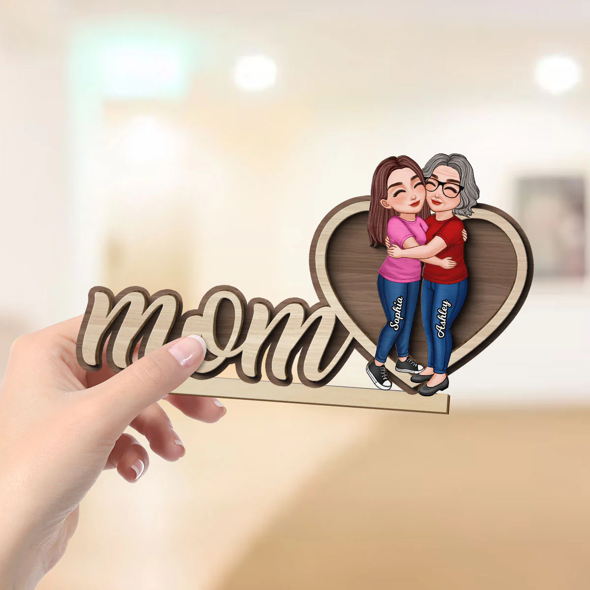 Mom Hugging Daughter Personalized 2-Layers Standing Wooden Plaque - Image 4