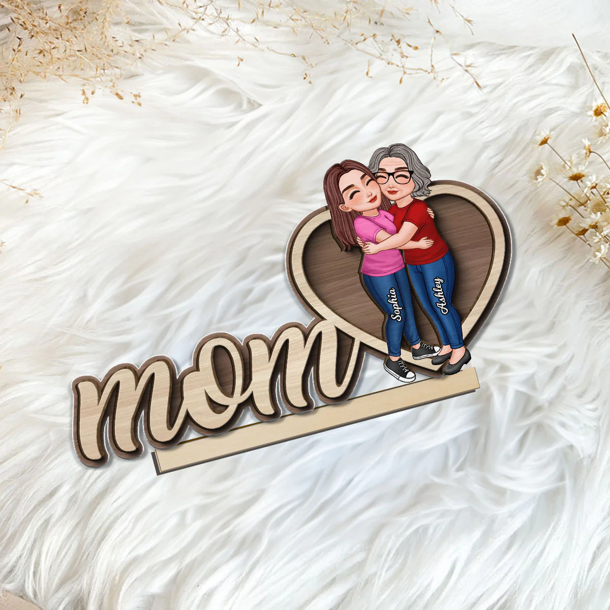 Mom Hugging Daughter Personalized 2-Layers Standing Wooden Plaque - Image 5