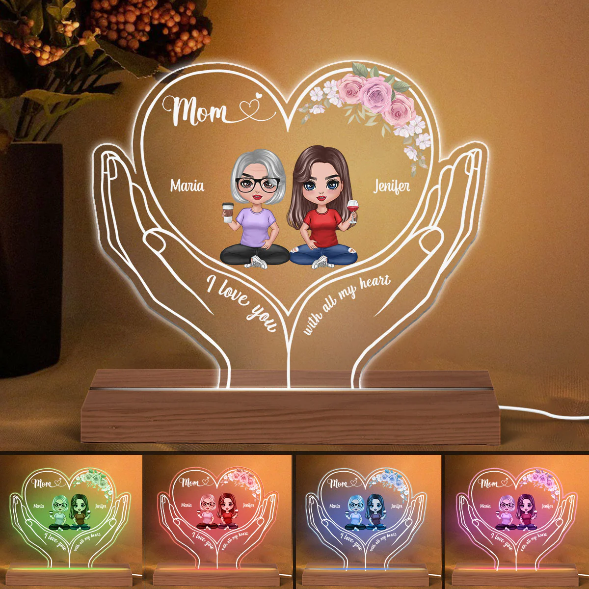 Mom I Love You Doll Mother Daughter Heart On Hands Personalized Custom Shaped Acrylic Plaque With LED Night Light