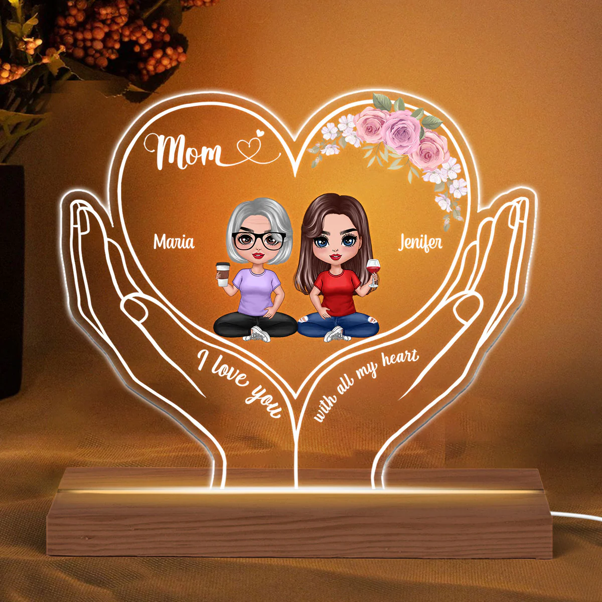 Mom I Love You Doll Mother Daughter Heart On Hands Personalized Custom Shaped Acrylic Plaque With LED Night Light - Image 2