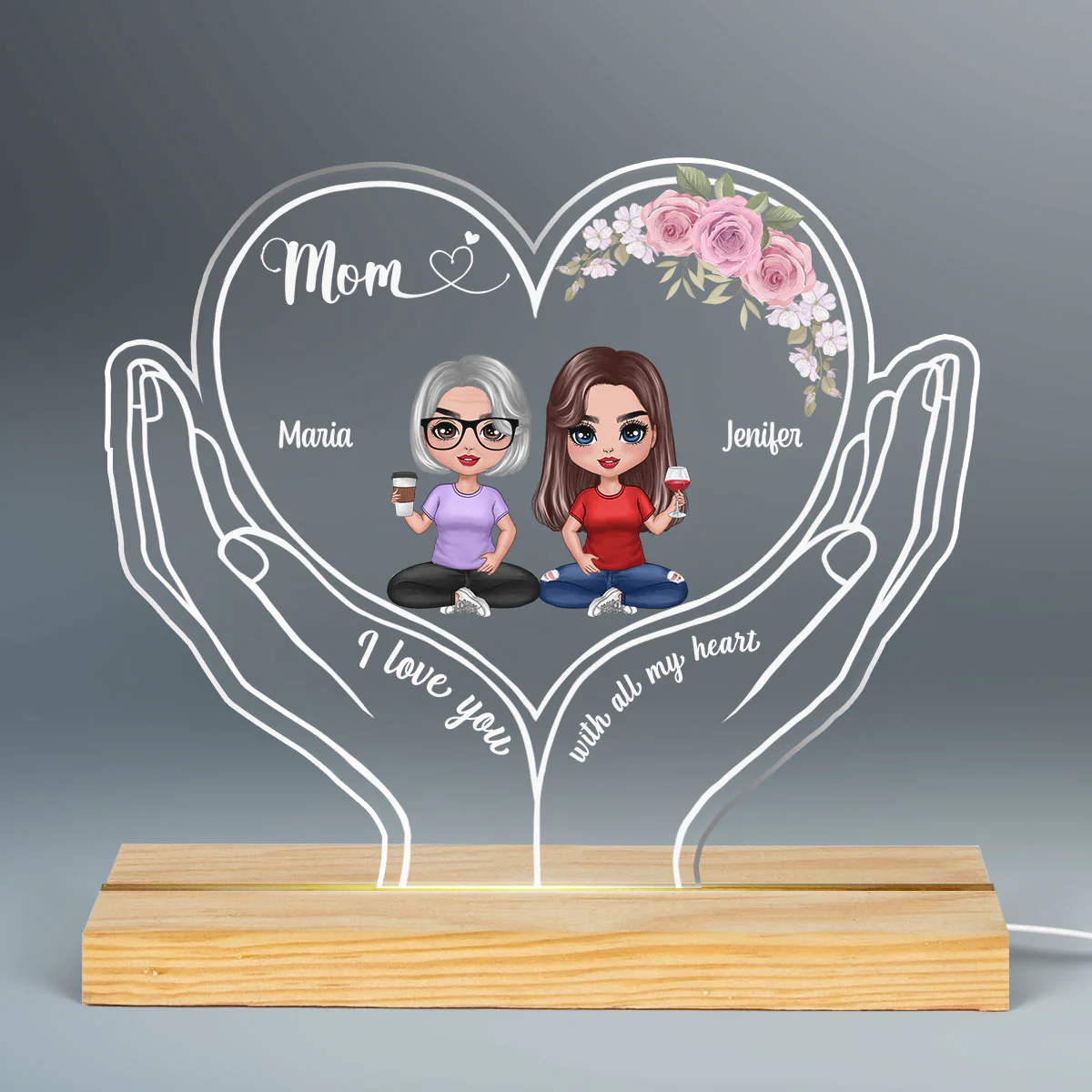 Mom I Love You Doll Mother Daughter Heart On Hands Personalized Custom Shaped Acrylic Plaque With LED Night Light - Image 3