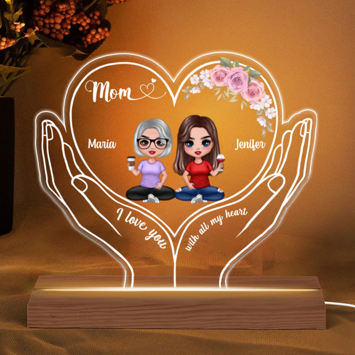 Mom I Love You Doll Mother Daughter Heart On Hands Personalized Custom Shaped Acrylic Plaque With LED Night Light - Image 5