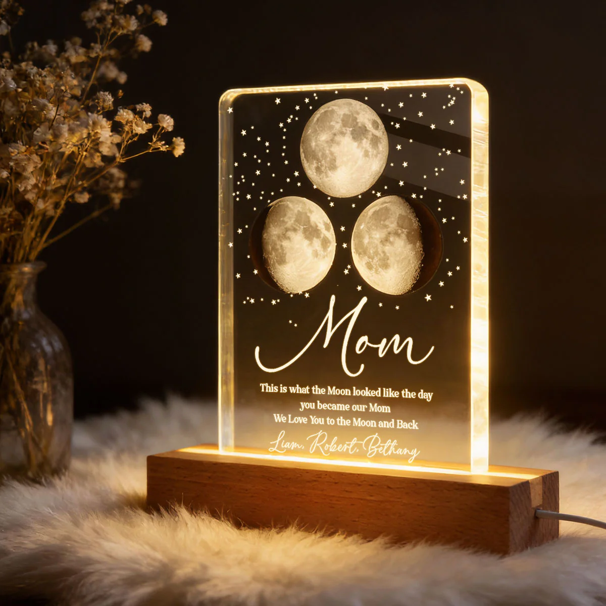 Mom I Love You to the Moon and Back, Custom Moon Phase by Date - Personalized Acrylic Block LED Night Light - Heartfelt Gift for Mom - Image 3