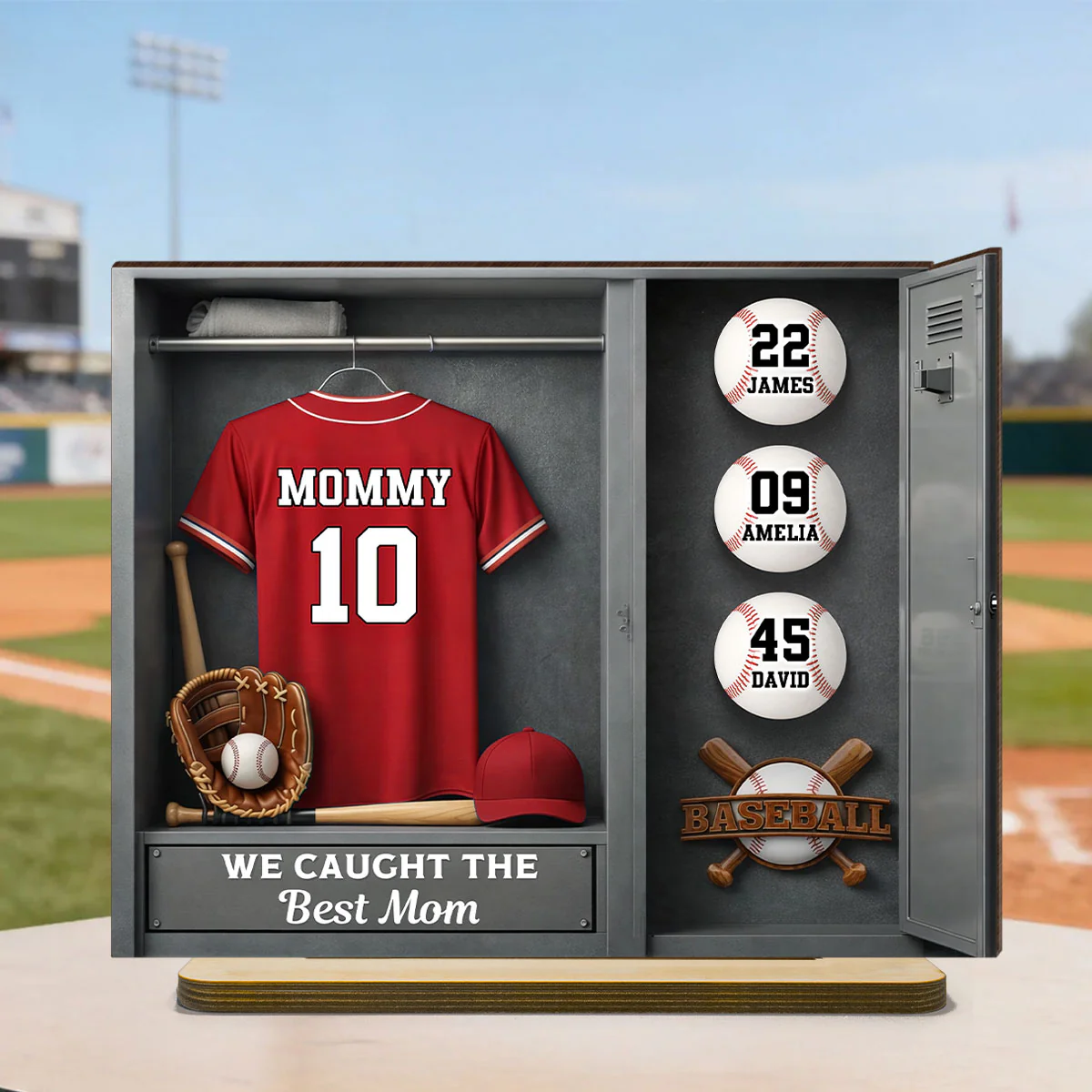 Mom Kids Baseball Locket Room - Personalized 2-Layered Wooden Plaque - Gift For Mom