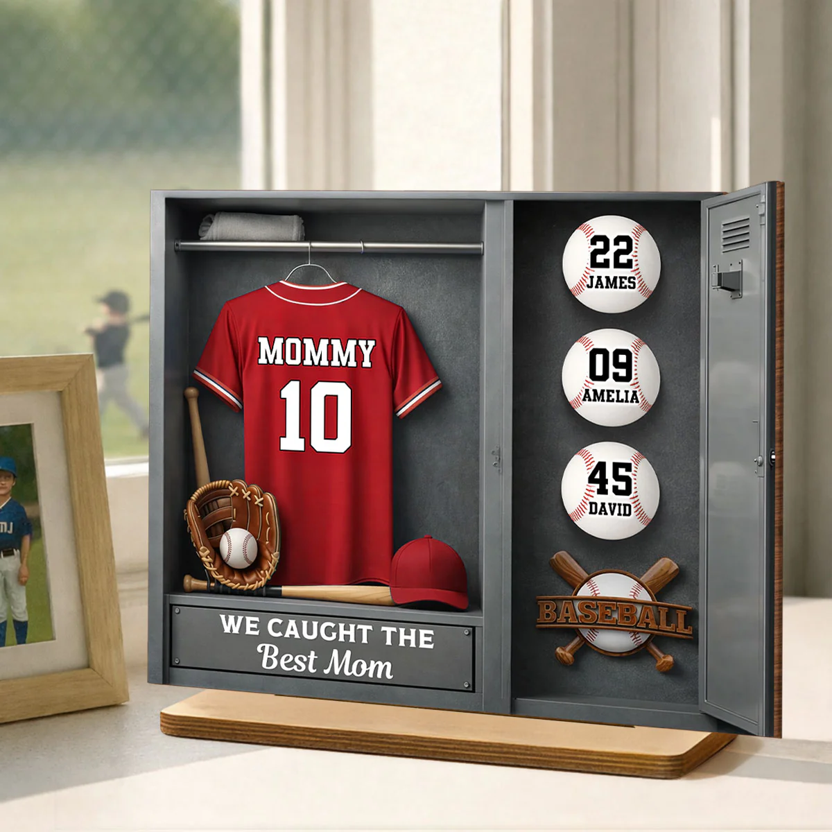 Mom Kids Baseball Locket Room - Personalized 2-Layered Wooden Plaque - Gift For Mom - Image 2