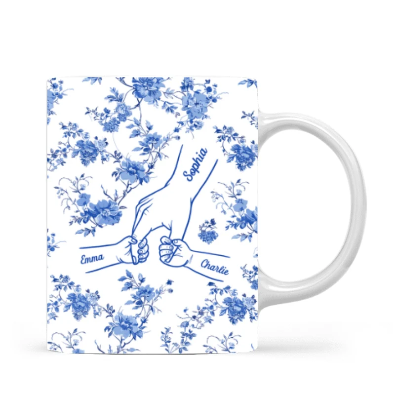 Mom & Kids Hands Holding Outline Chinoiseries Pattern Personalized Mug - Image 8