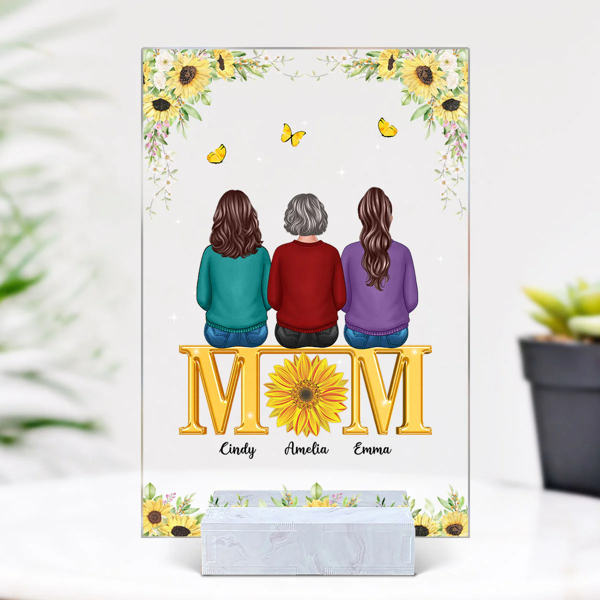 Mom Sons Daughters Back View Sitting On Text Sunflower Personalized Acrylic Plaque