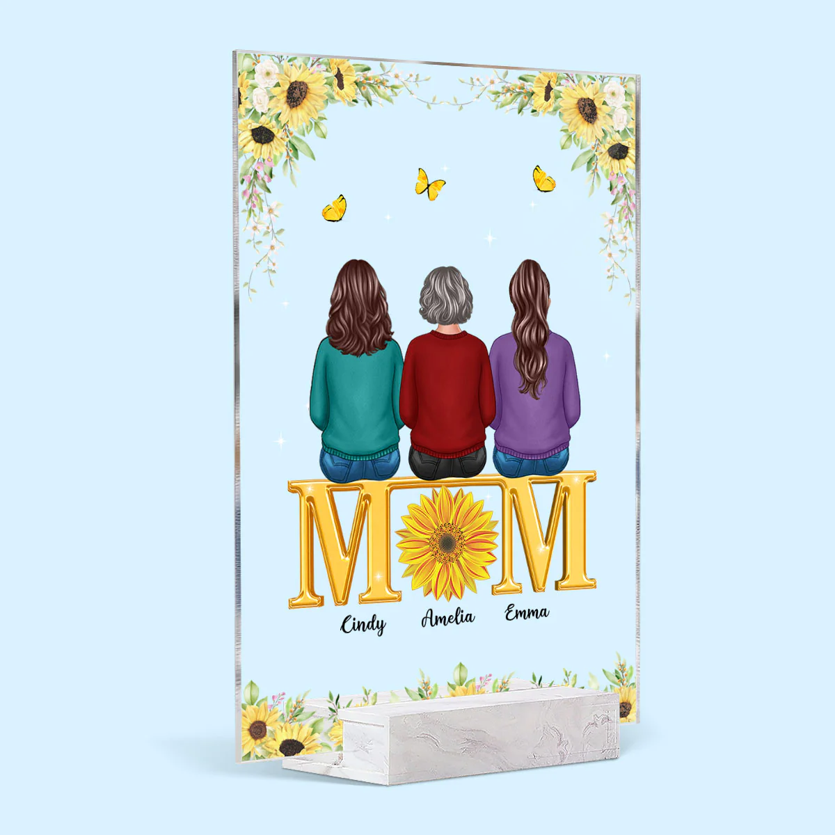 Mom Sons Daughters Back View Sitting On Text Sunflower Personalized Acrylic Plaque - Image 2