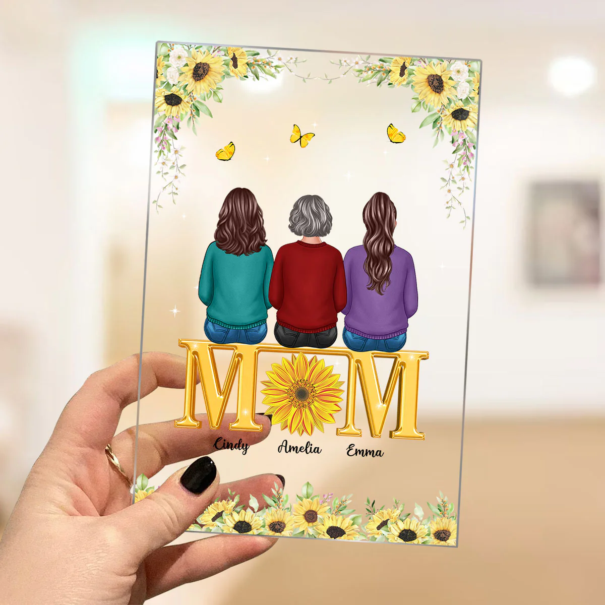 Mom Sons Daughters Back View Sitting On Text Sunflower Personalized Acrylic Plaque - Image 3
