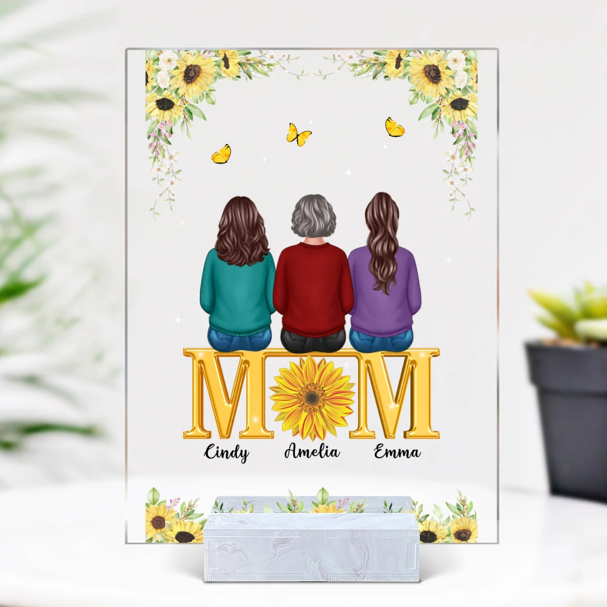 Mom Sons Daughters Back View Sitting On Text Sunflower Personalized Acrylic Plaque - Image 4
