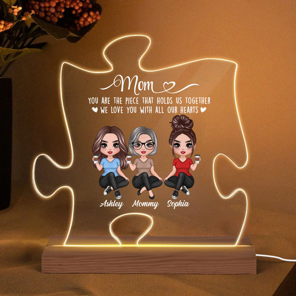 Mom The Piece Holds Us Together Doll Mom & Daughter Puzzle Shaped Personalized Custom Shape Acrylic LED Night Light - Image 2