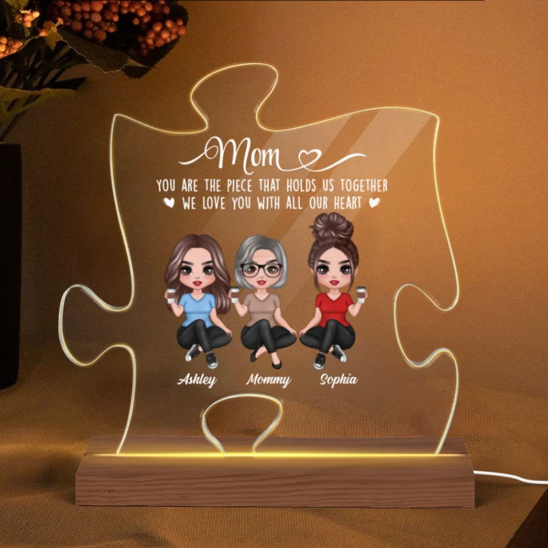 Mom The Piece Holds Us Together Doll Mom & Daughter Puzzle Shaped Personalized Custom Shape Acrylic LED Night Light - Image 5