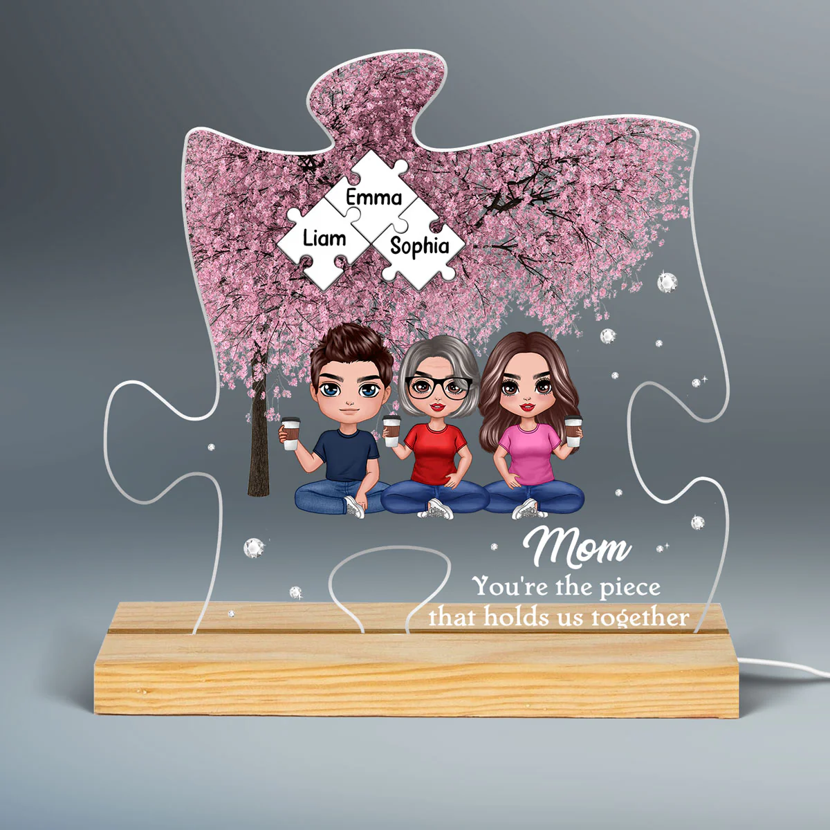 Mom The Piece That Holds Us Together Pink Tree Personalized Acrylic Puzzle LED Night Light - Image 2