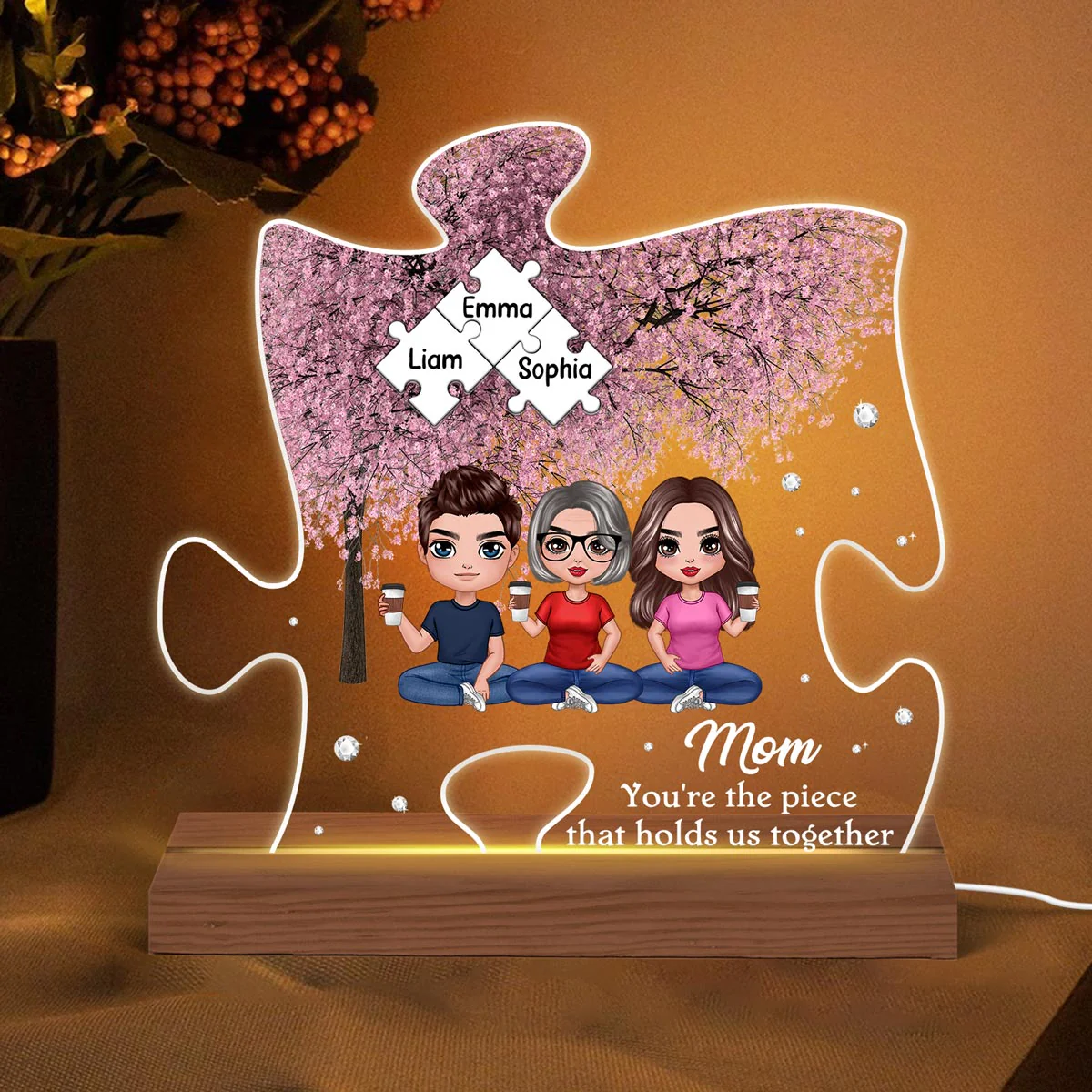Mom The Piece That Holds Us Together Pink Tree Personalized Acrylic Puzzle LED Night Light - Image 3