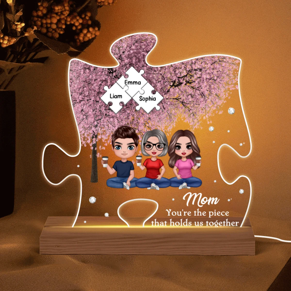 Mom The Piece That Holds Us Together Pink Tree Personalized Acrylic Puzzle LED Night Light - Image 5