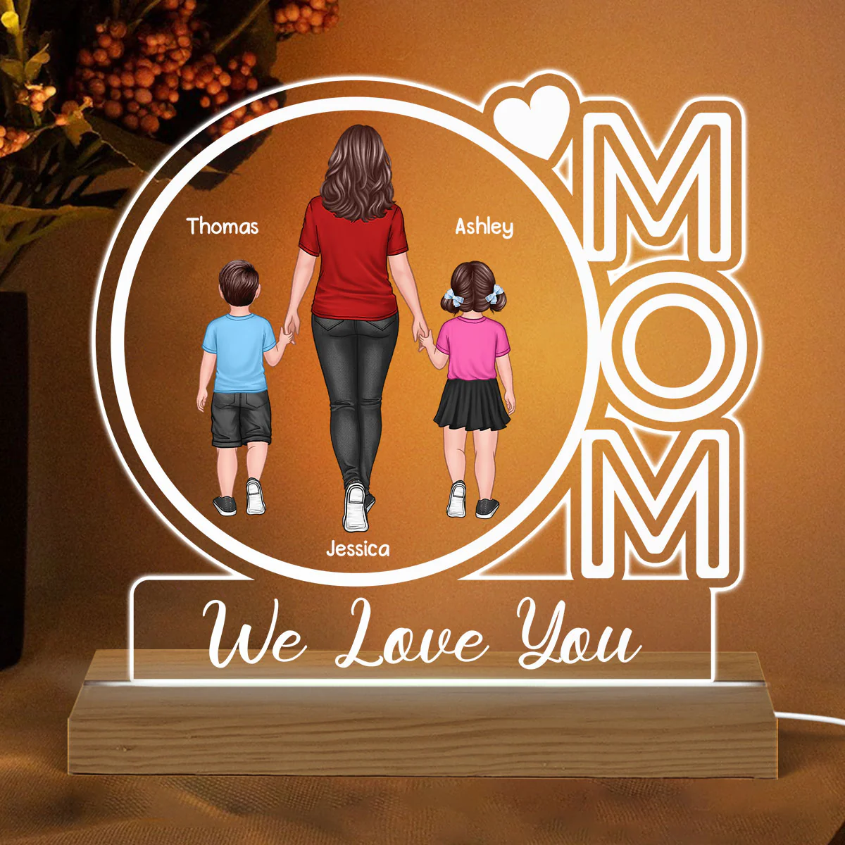 Mom We Love You Back View Walking Mom & Kids Personalized Custom Shape Acrylic Plaque With Warm LED Night Light - Image 2