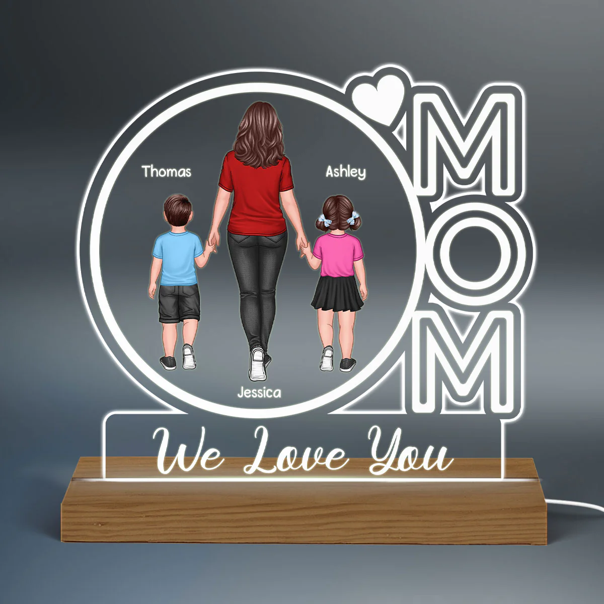 Mom We Love You Back View Walking Mom & Kids Personalized Custom Shape Acrylic Plaque With Warm LED Night Light - Image 3