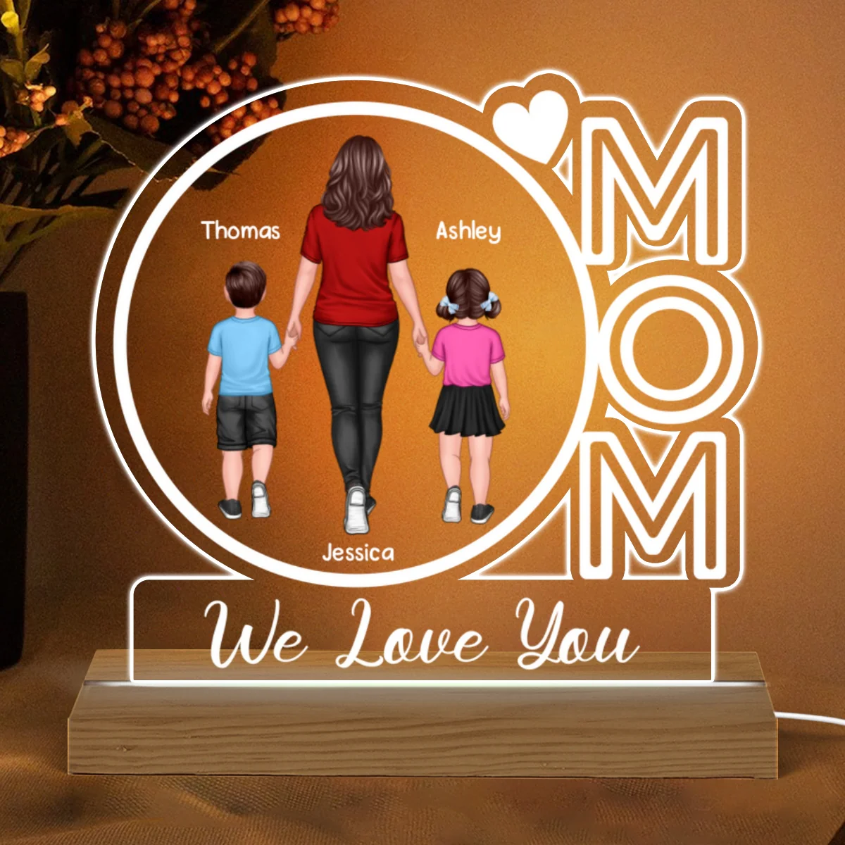 Mom We Love You Back View Walking Mom & Kids Personalized Custom Shape Acrylic Plaque With Warm LED Night Light - Image 4