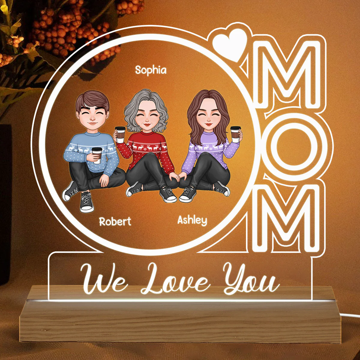 Mom We Love You Cute Doll Mother Daughter Son Personalized Custom Shaped Acrylic Plaque With LED Night Light - Image 2