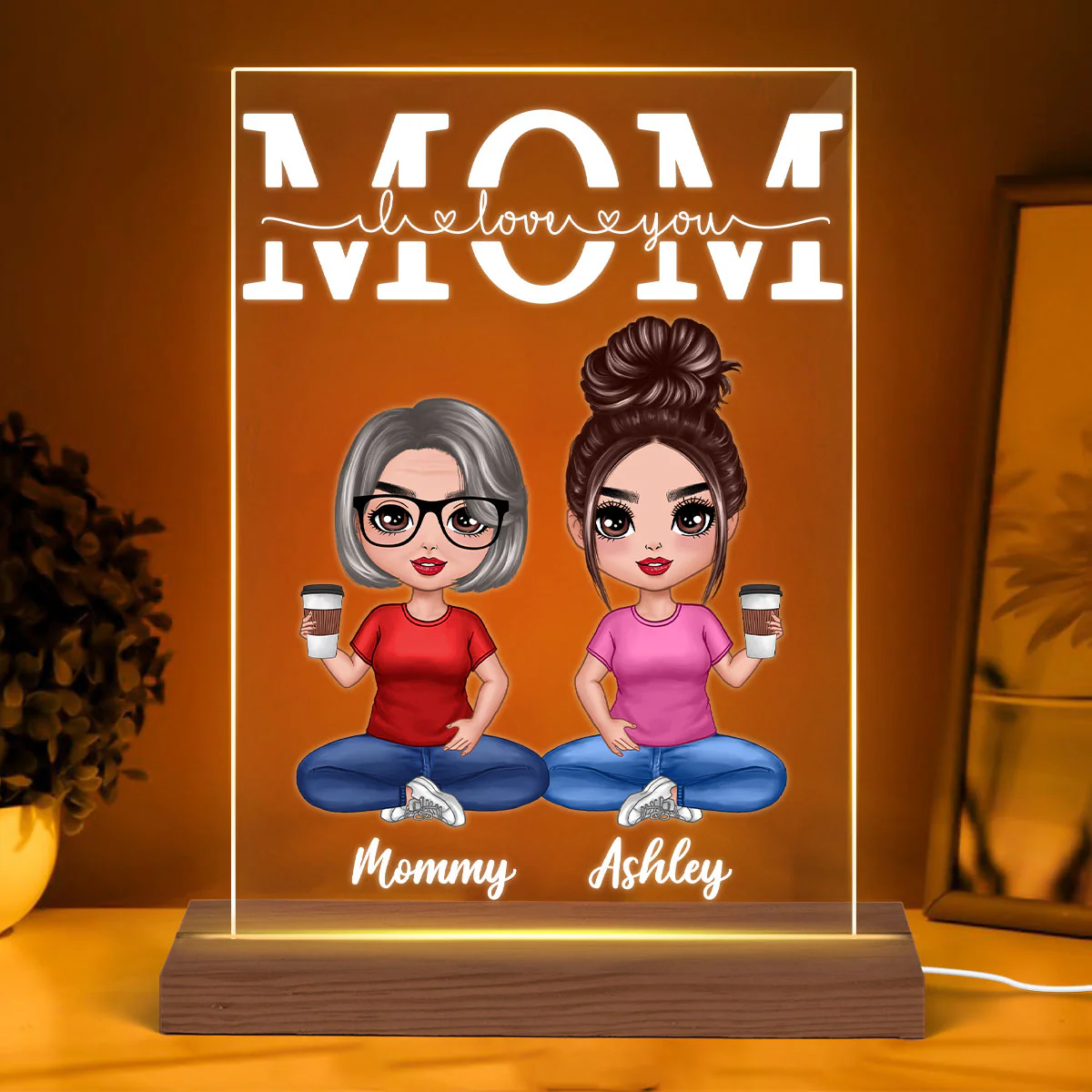 Mom We Love You Doll Mom Daughters Sons Sitting Personalized Rectangle LED Night Light - Image 3