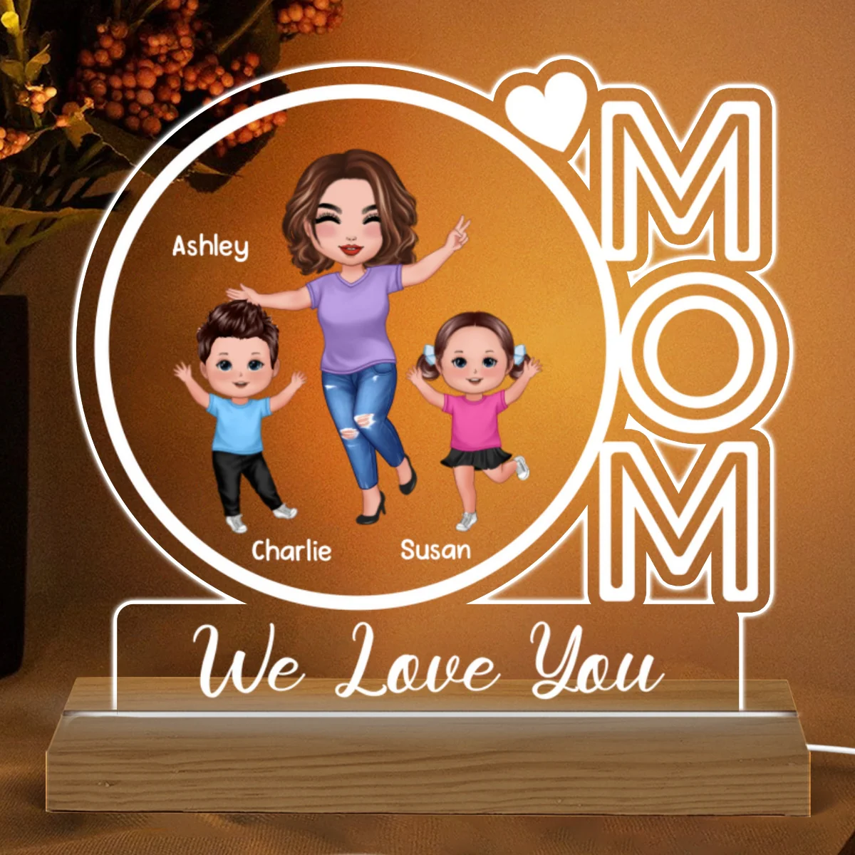 MOM We Love You Happy Woman & Kids Personalized Custom Shape Acrylic Plaque With Warm LED Night Light - Image 4