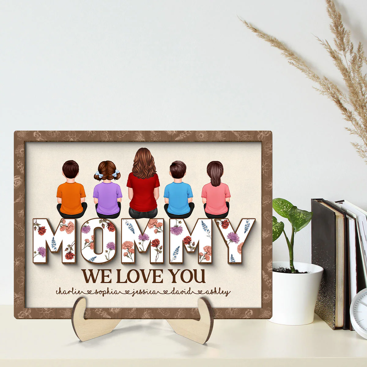 Mom We Love You, Mother & Kids Sitting, Custom 2-Layer Wooden Plaque, Birth Month Flower, Gift For Mom - Image 2