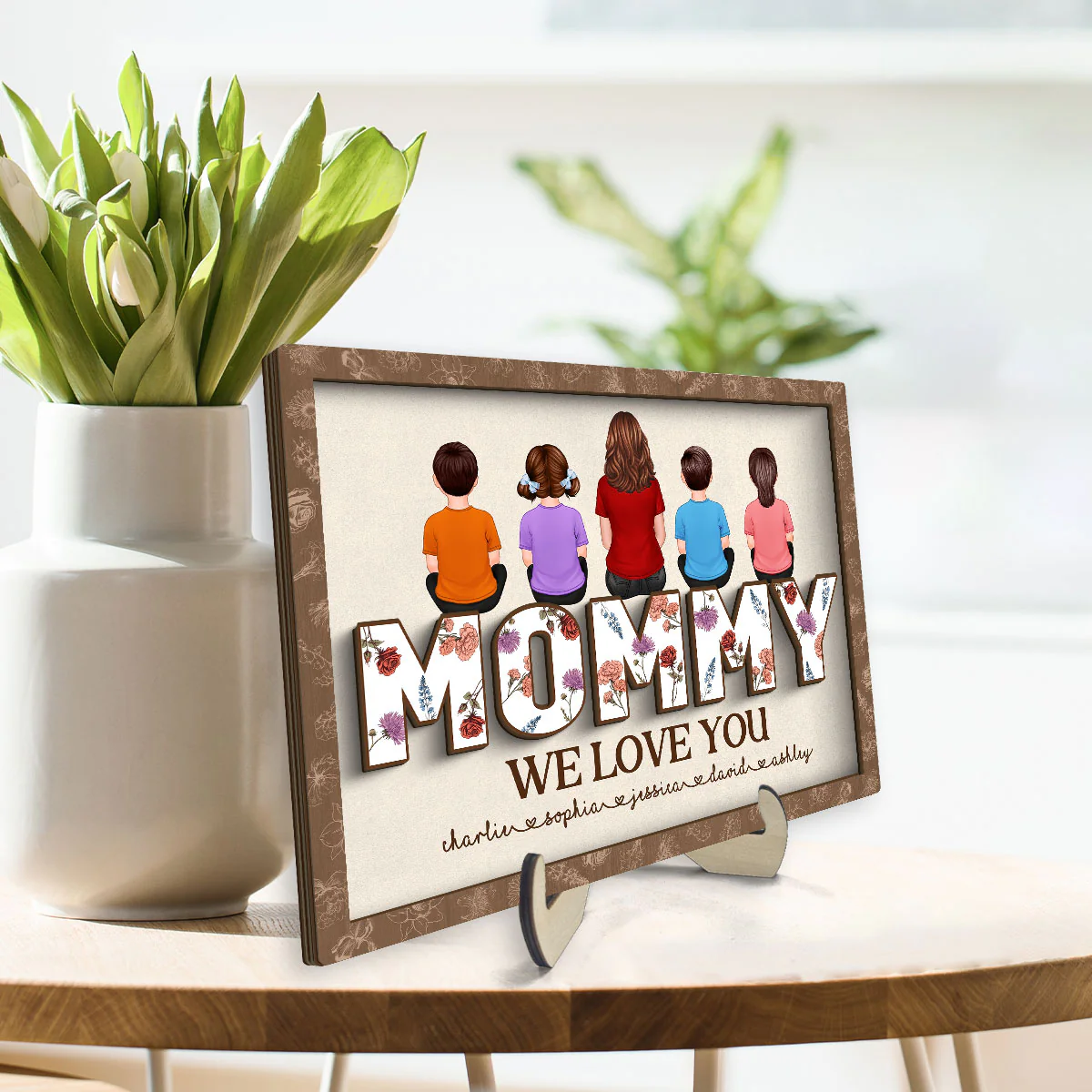 Mom We Love You, Mother & Kids Sitting, Custom 2-Layer Wooden Plaque, Birth Month Flower, Gift For Mom - Image 3