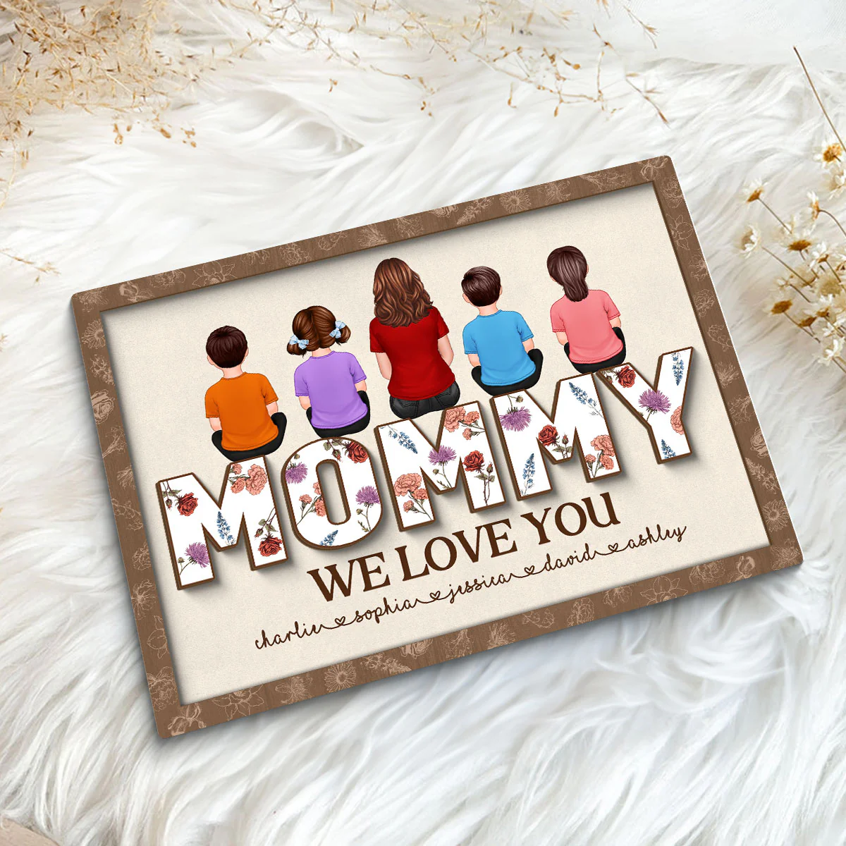 Mom We Love You, Mother & Kids Sitting, Custom 2-Layer Wooden Plaque, Birth Month Flower, Gift For Mom - Image 5