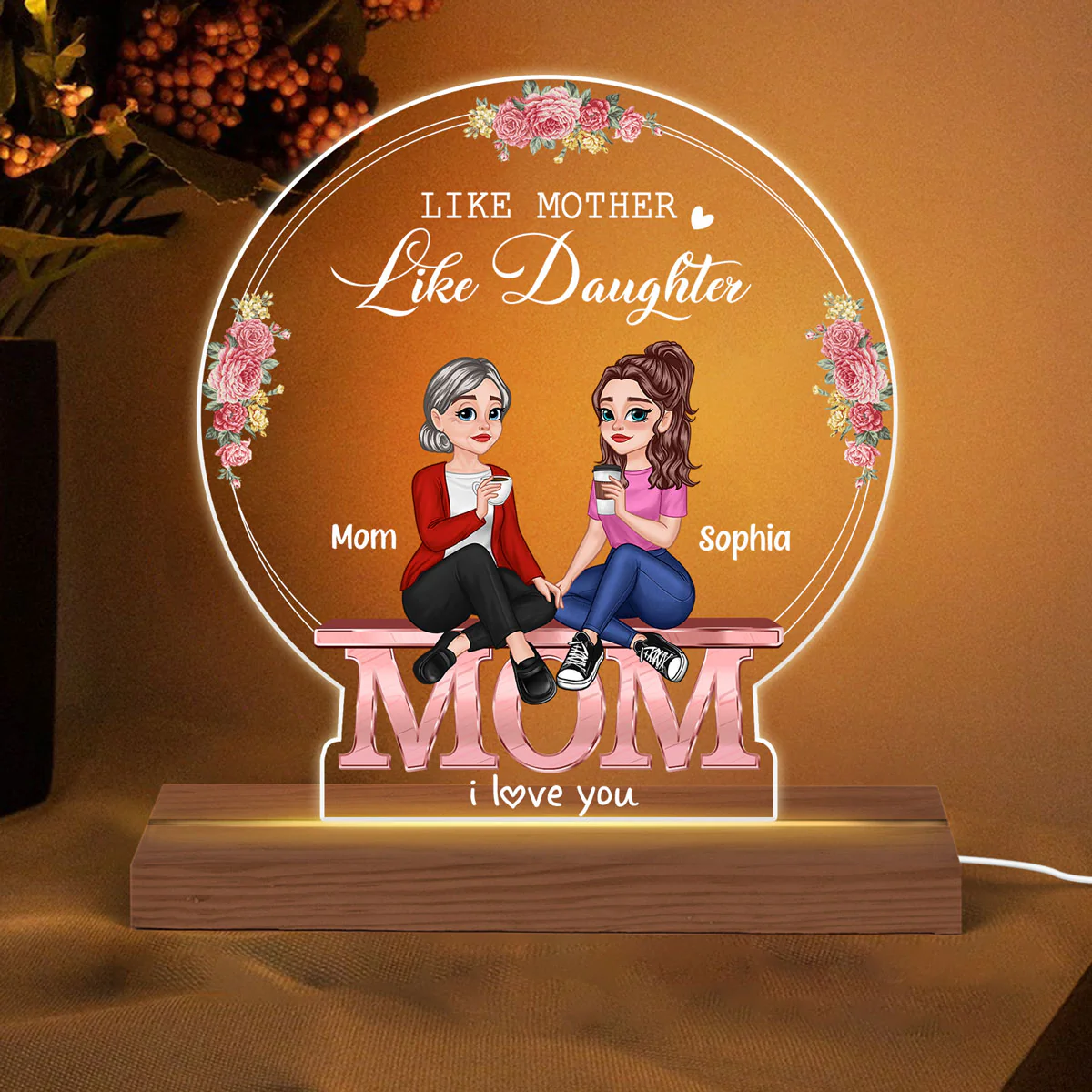MOM We Love You Pretty Cartoon Mother Daughters Floral Personalized Custom Shape Acrylic Plaque With LED Night Light - Image 2