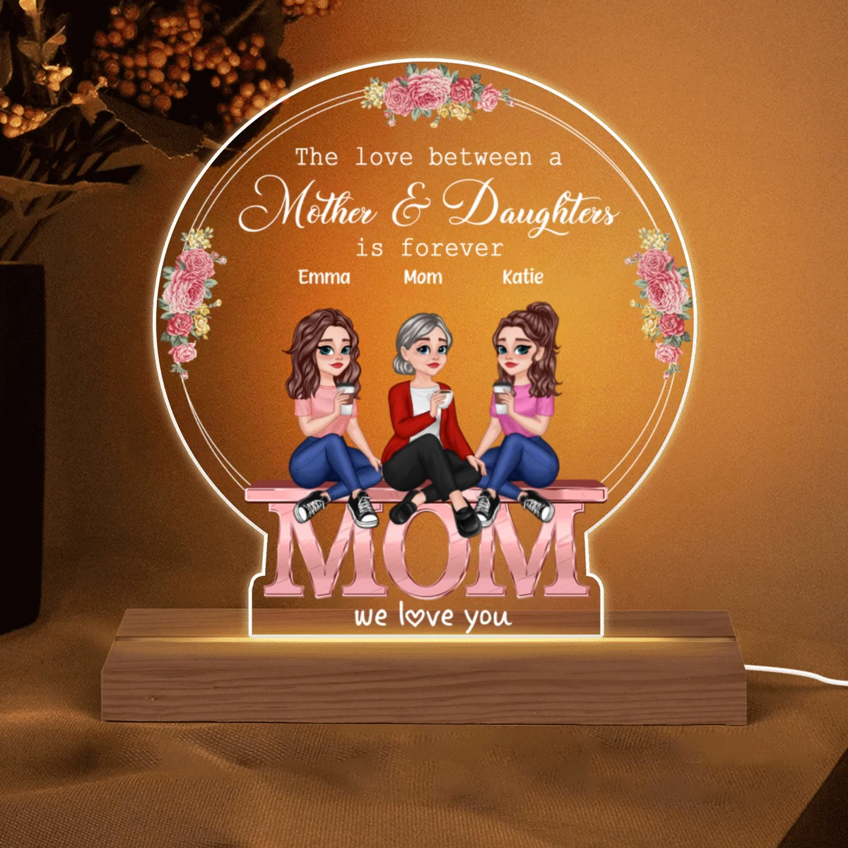 MOM We Love You Pretty Cartoon Mother Daughters Floral Personalized Custom Shape Acrylic Plaque With LED Night Light - Image 5