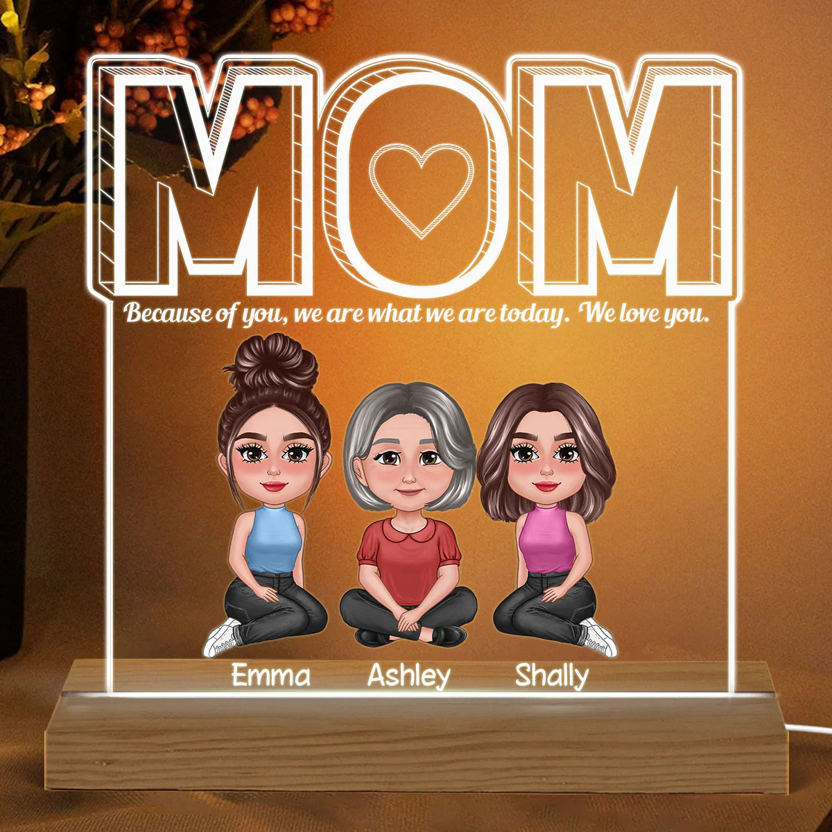 Mom We Love You Pretty Mom Daughter Personalized Custom Shaped Acrylic Plaque With LED Night Light - Image 2