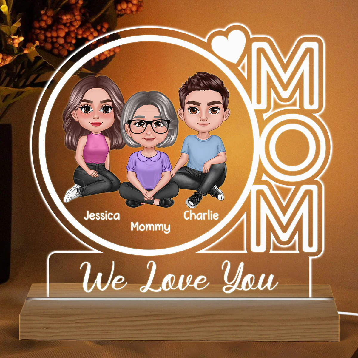 Mom We Love You Pretty Woman & Children Personalized Custom Shape Acrylic Plaque With Warm LED Night Light - Image 2
