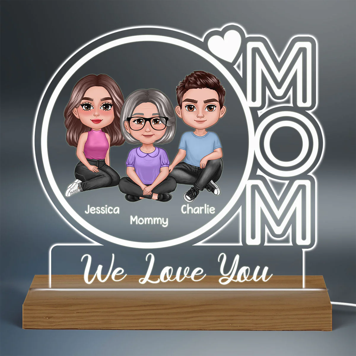Mom We Love You Pretty Woman & Children Personalized Custom Shape Acrylic Plaque With Warm LED Night Light - Image 3
