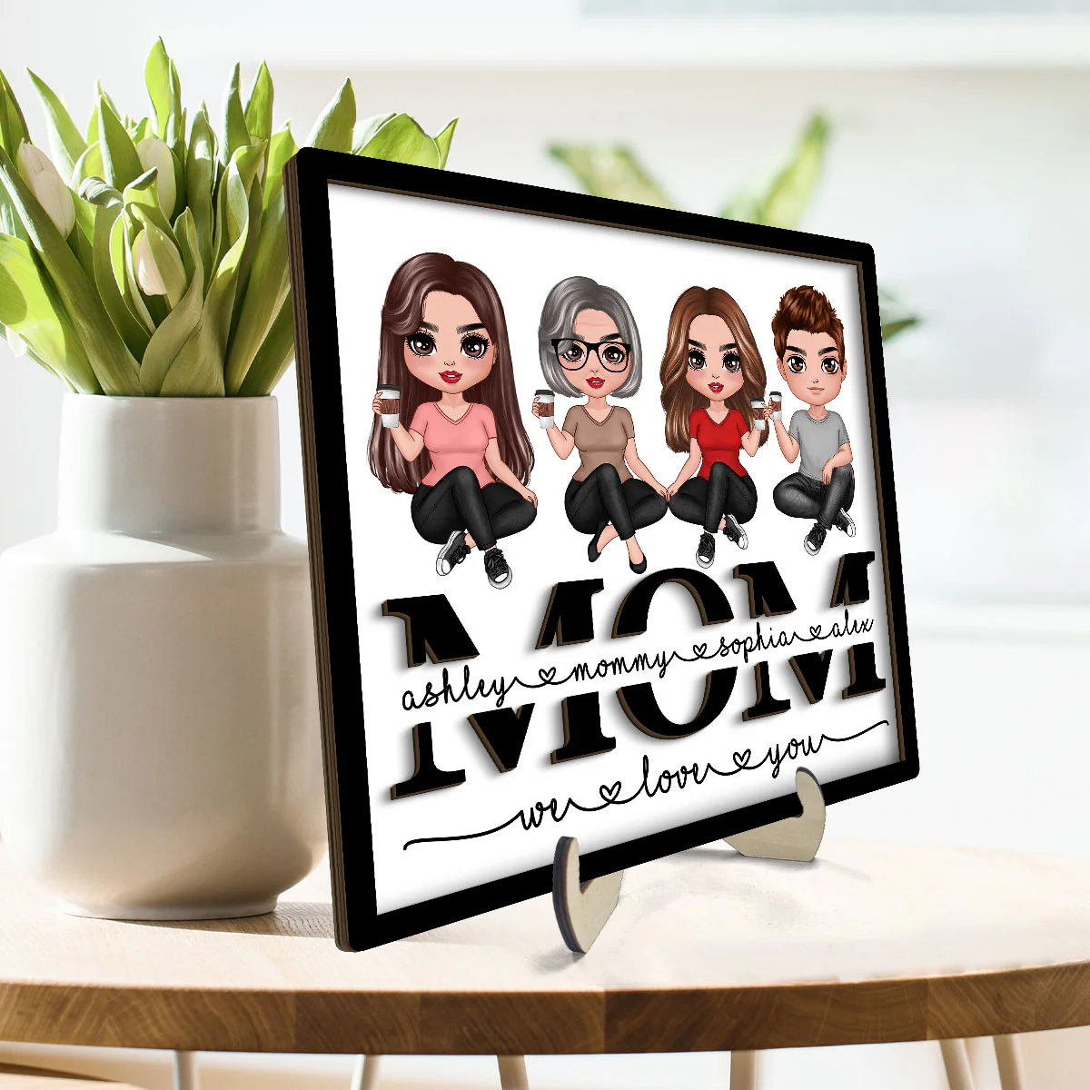 Mom We Love You Sitting On Text Personalized 2-layer Wooden Plaque - Image 3