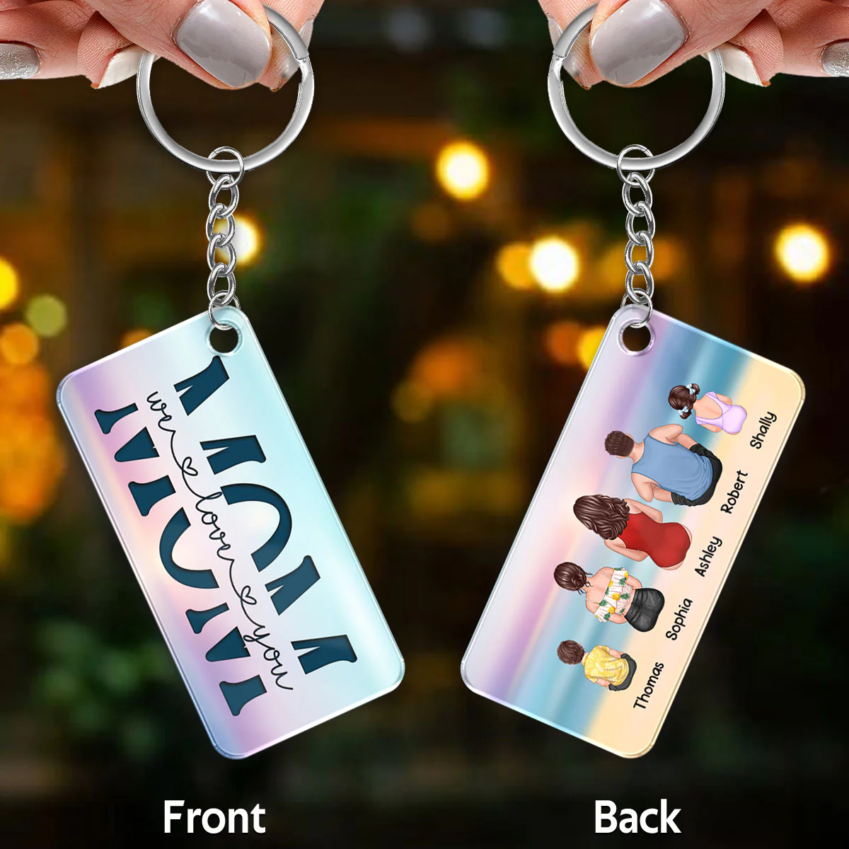 Mom We Love You Summer Vibe Back View Woman Kid Dog Cat Personalized Acrylic Keychain - Image 3