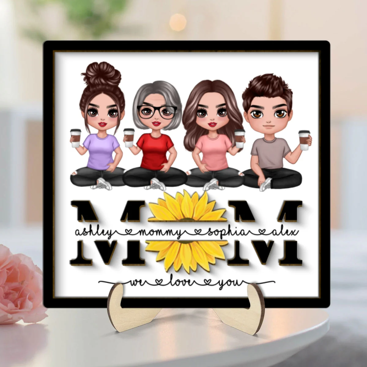 Mom We Love You Sunflower Doll Sitting On Text Personalized 2-layer Wooden Plaque, Gift For Mom - Image 8