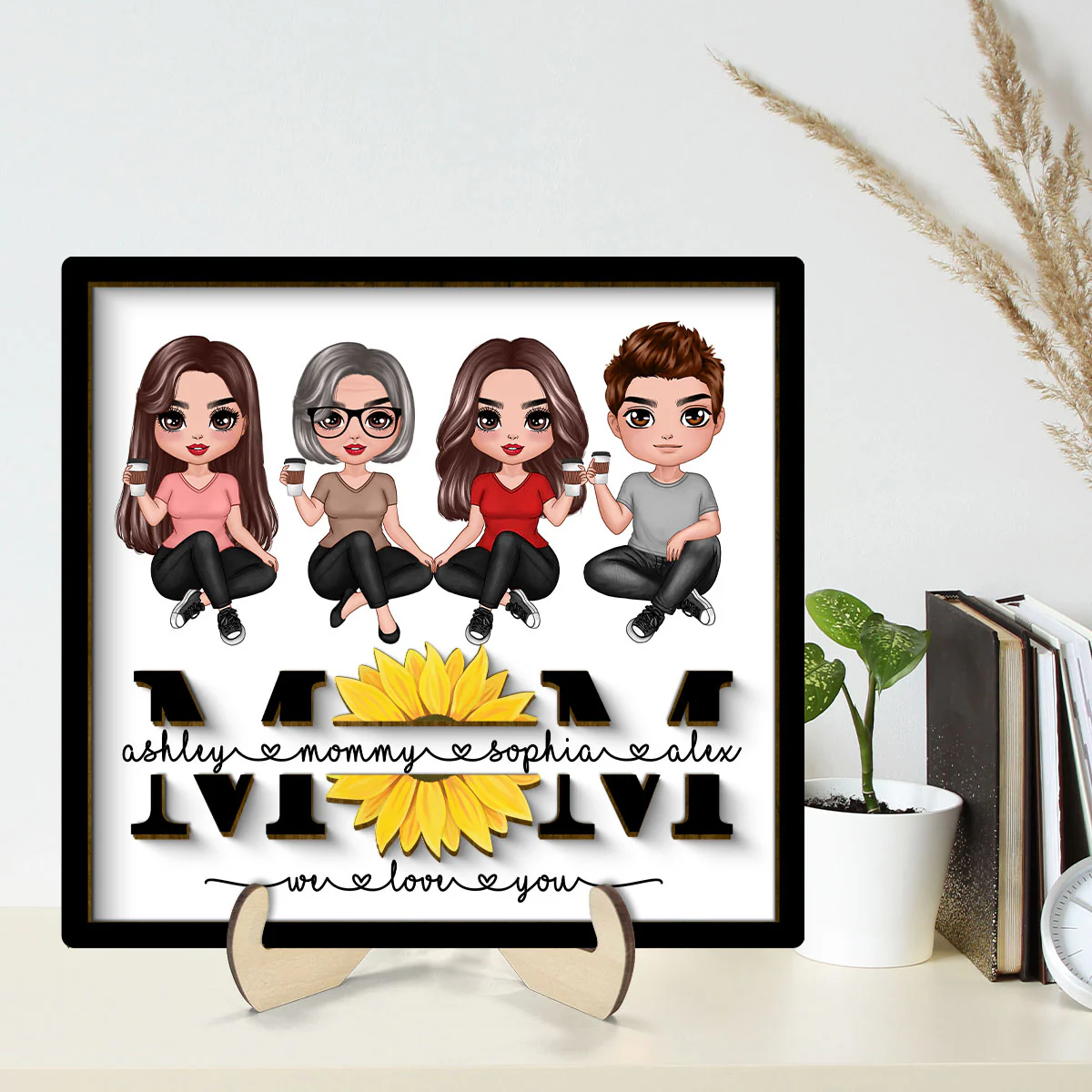 Mom We Love You Sunflower Sitting On Text Personalized 2-layer Wooden Plaque, Gift For Mom - Image 2
