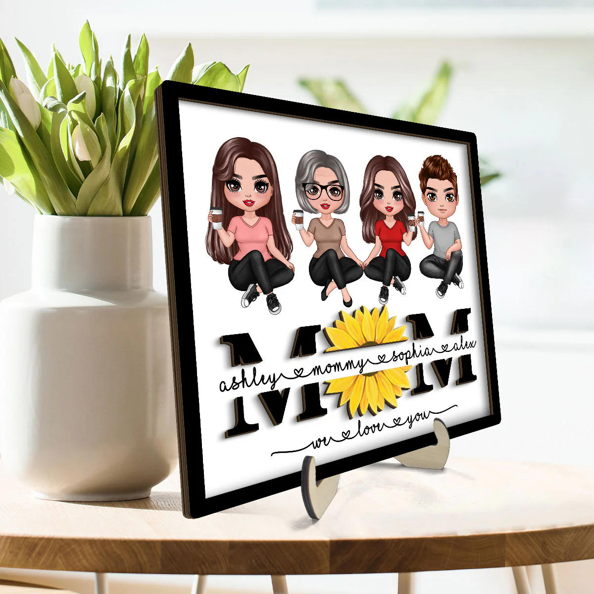 Mom We Love You Sunflower Sitting On Text Personalized 2-layer Wooden Plaque, Gift For Mom - Image 3